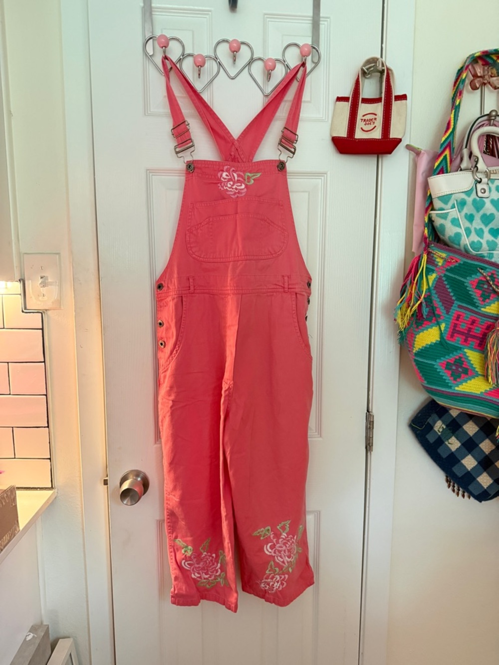 Women's Pink Embroidered Denim Overalls
